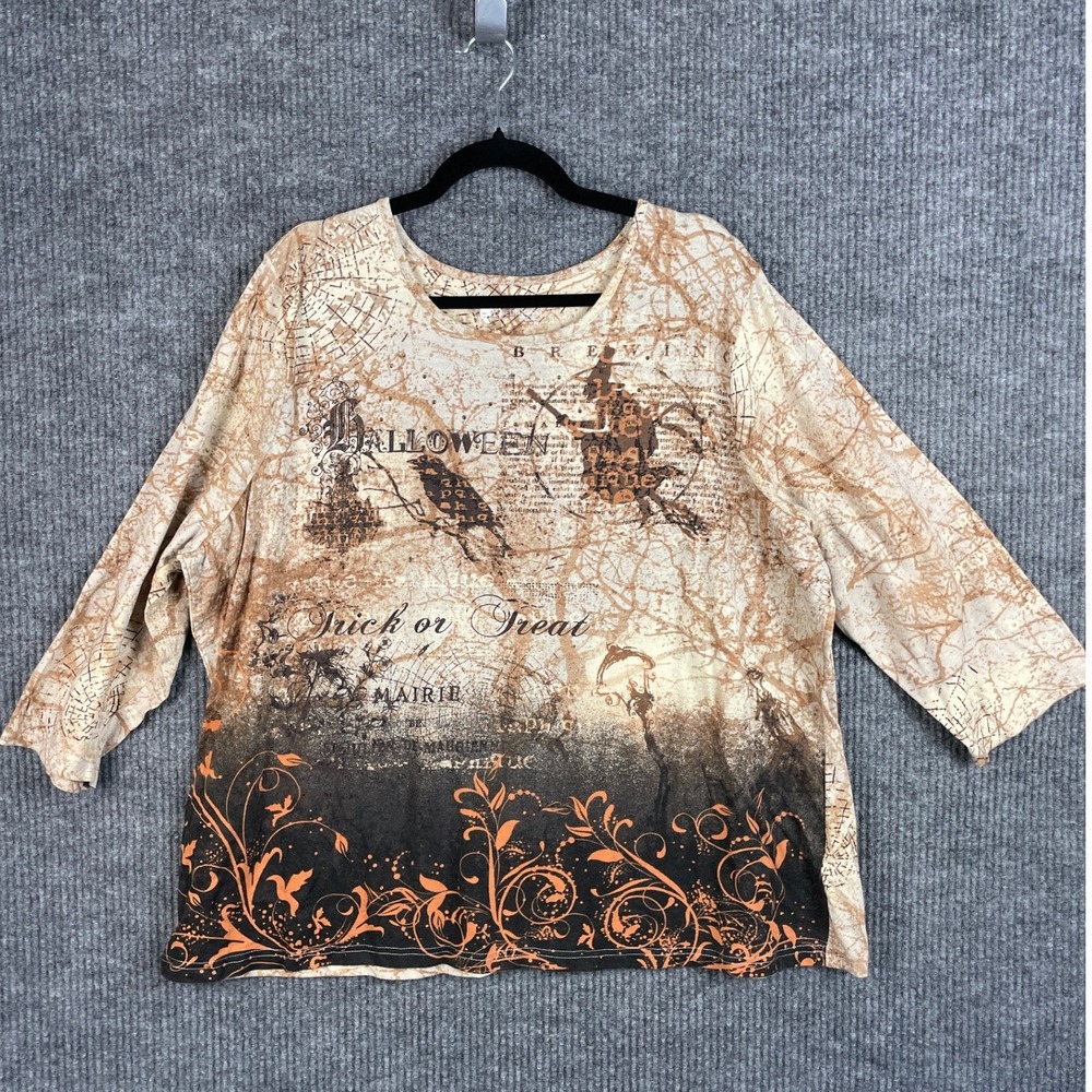 Witchy Halloween Raven Witch Graphic Rhinestone 3/4 Sleeve Shirt Plus 3X